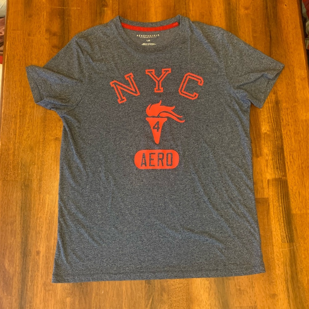 Aeropostale Tee Men’s Large Heathered Blue w/ Red NYC Graphic Short Sleeve